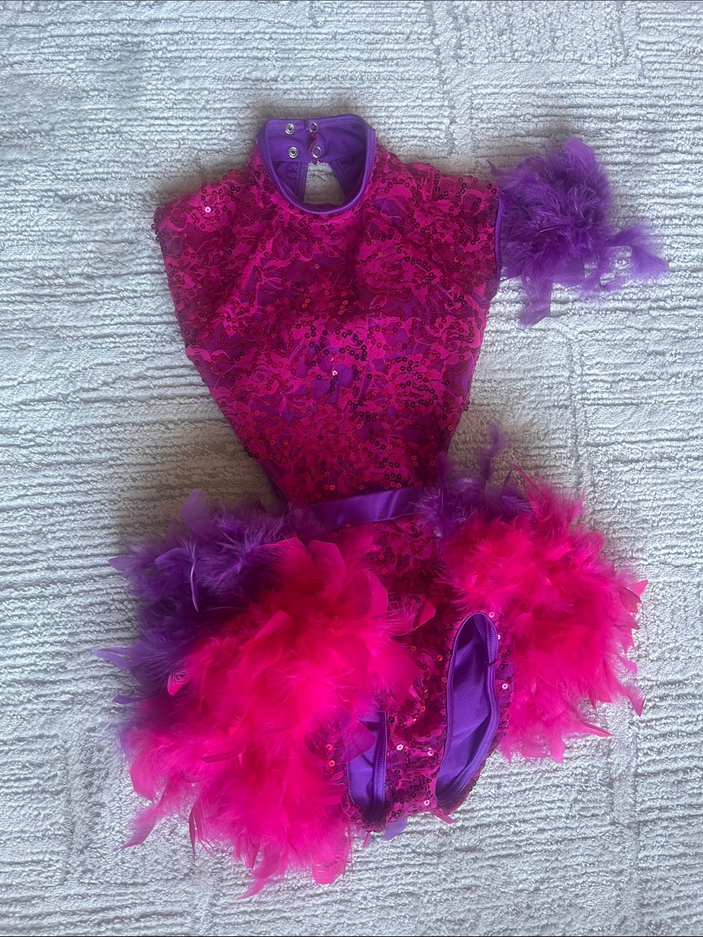 Weissman | Kids Sequin Feather Dance Costume - Hot Pink & Purple, Size 7/8 (IC)